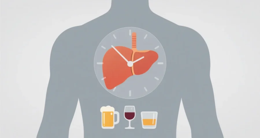 Ilustração de um corpo humano com o fígado em destaque, relógio e bebidas alcoólicas, representando quanto tempo leva para o álcool sair do organismo
